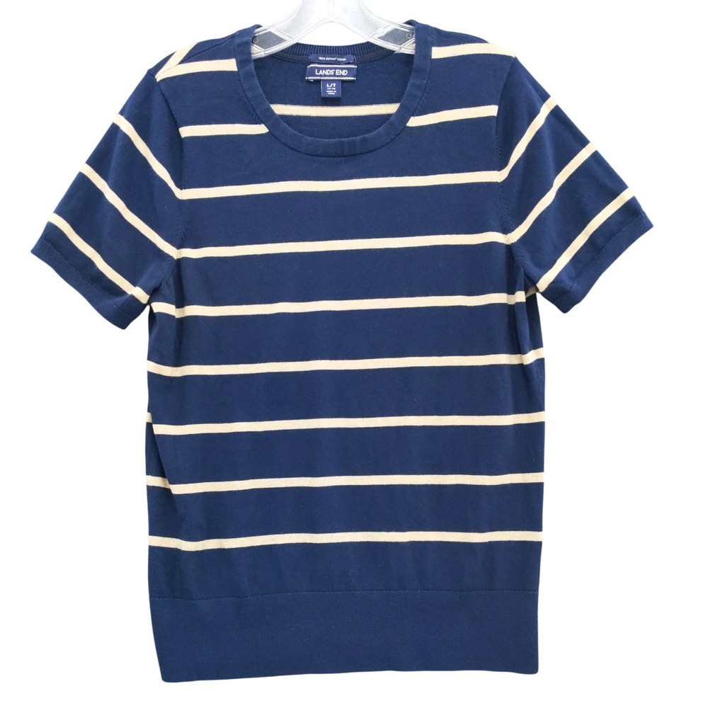 Lands' End‎ Striped Supima Cotton Short Sleeve Sweater Top Blue Beige L/T